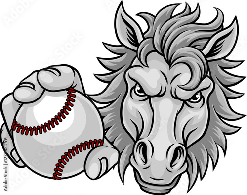 Horse mustang bronco stallion baseball softball angry sports team mascot holding a ball.