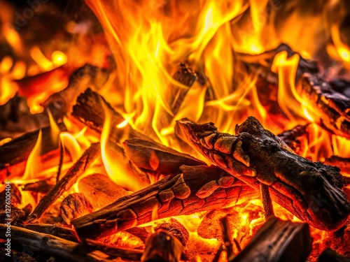 Burning Embers: Glowing Yellow Firelight at Night