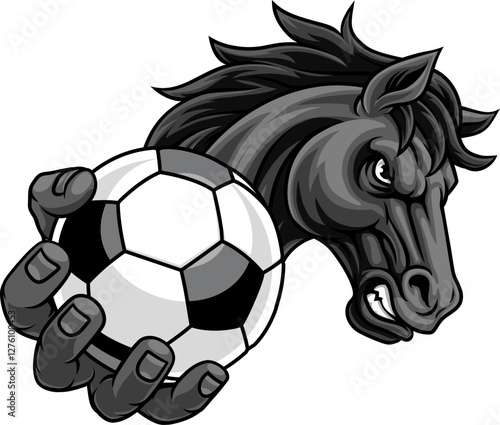 Horse mustang bronco stallion soccer football angry sports team mascot holding a ball.