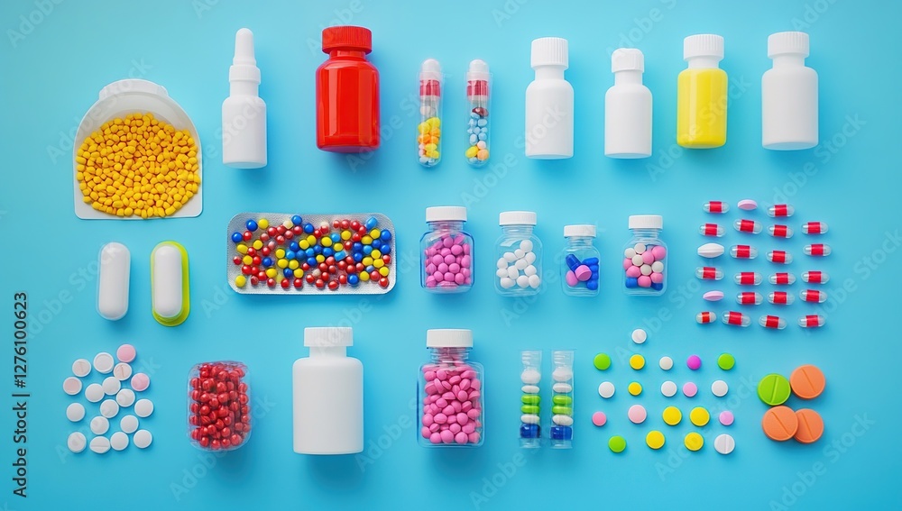 Colorful Medications: Pills, Capsules, and Tablets in Various Containers, Arranged on a Blue Background. Colorful Medications: Pills, Capsules, and Tablets in Various Containers, Arranged on a Blue Background.