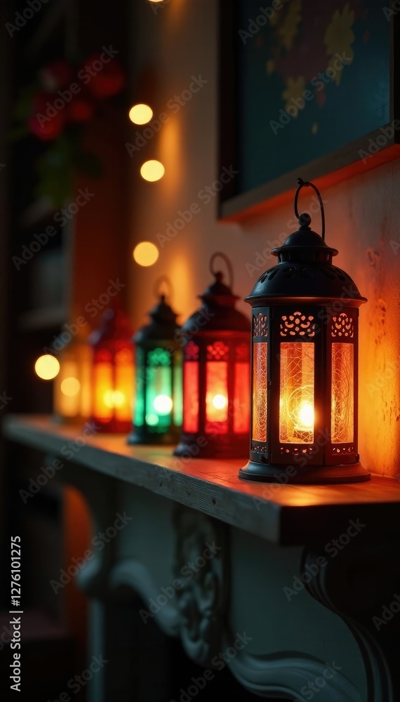 Dazzling string lights and colorful lanterns on a wooden mantelpiece, vintage charm, string lights Dazzling string lights and colorful lanterns on a wooden mantelpiece, vintage charm, string lights