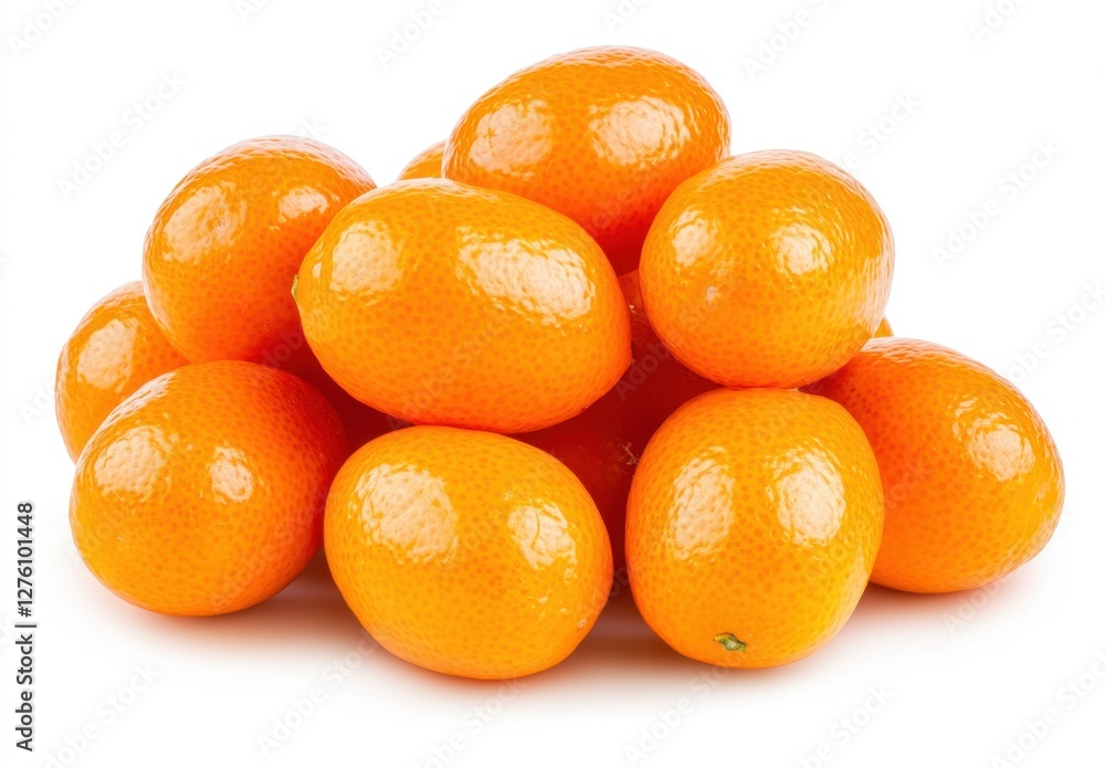 Pile of bright orange kumquats on a white background. The kumquats are glossy and appear juicy and ripe. Close up studio shot Pile of bright orange kumquats on a white background. The kumquats are glossy and appear juicy and ripe. Close up studio shot