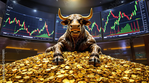 Estátua dourada de touro sobre uma grande pilha de moedas de ouro, com gráficos financeiros ao fundo, representando mercado em alta, riqueza e sucesso econômico.