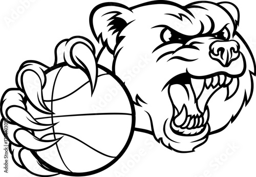 A grizzly bear basketball animal mascot holding a ball in his claw