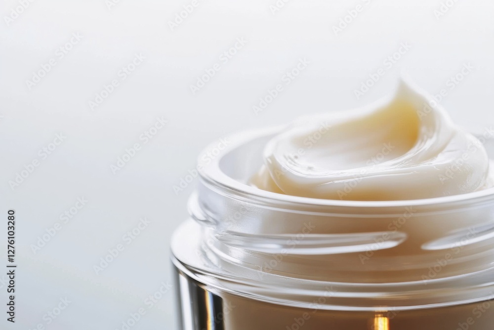 Open Glass Cosmetic Jar with White Face Cream Texture. Mockup Package Template. Light Gray Background. Natural Cosmetics Showing. Beauty Product Mock-up. Skincare, Facial mask. Trendy Bottle. Spa Open Glass Cosmetic Jar with White Face Cream Texture. Mockup Package Template. Light Gray Background. Natural Cosmetics Showing. Beauty Product Mock-up. Skincare, Facial mask. Trendy Bottle. Spa