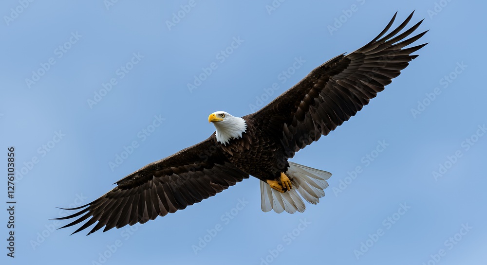 Naklejka premium Bald Eagle Soaring Through Blue Sky with Wings Spread Wide Open
