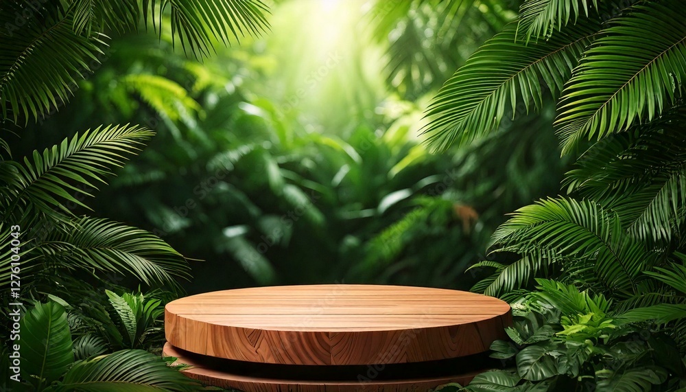 Wooden podium in tropical forest for product presentation and green background. Wooden podium in tropical forest for product presentation and green background.