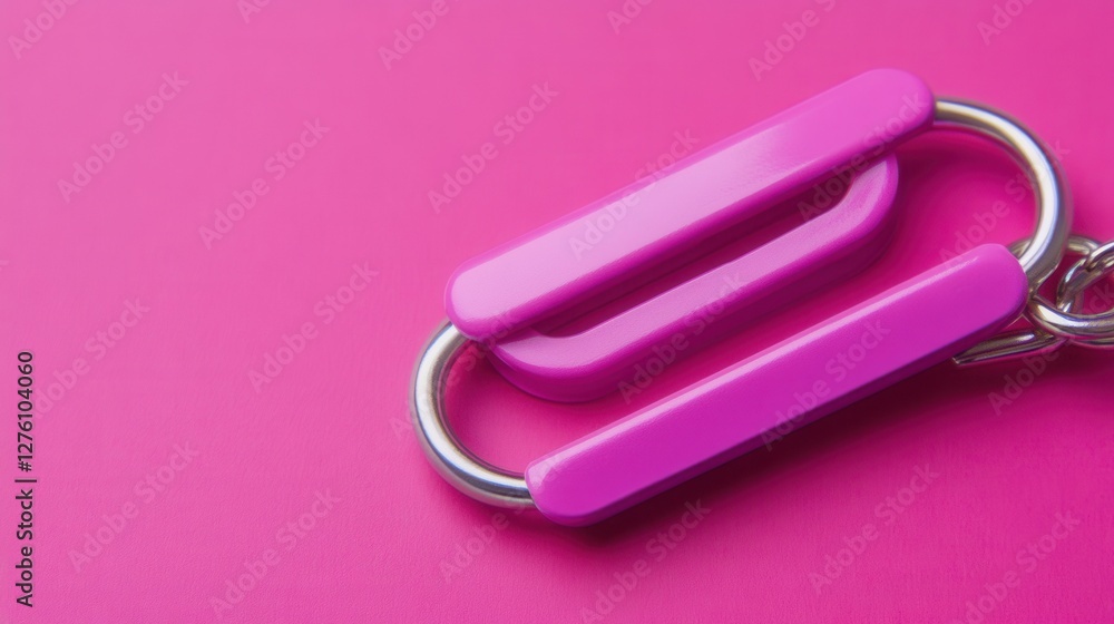 Close up view of a vibrant pink plastic keychain with metallic accents against a solid pink background. The keychain features a unique modern design Close up view of a vibrant pink plastic keychain with metallic accents against a solid pink background. The keychain features a unique modern design
