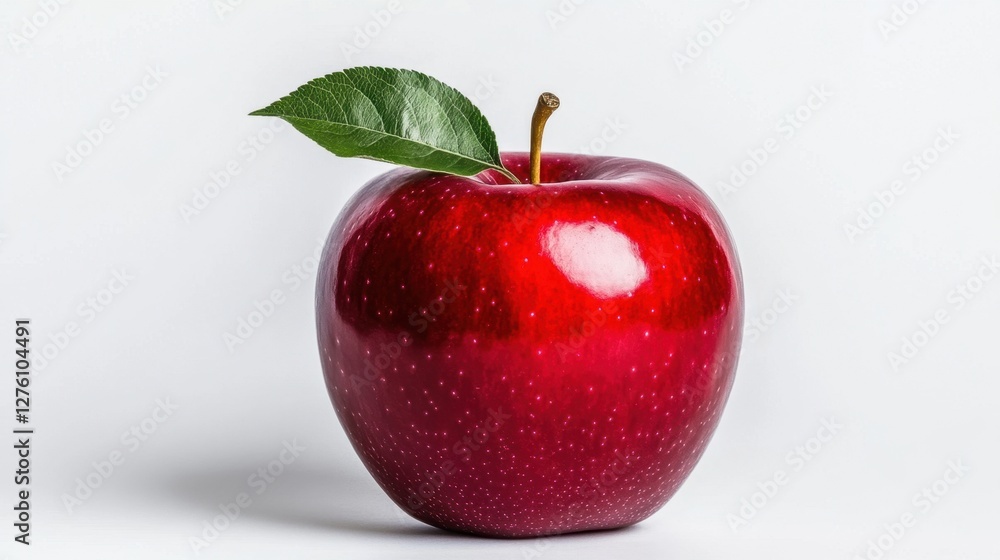 Close up studio shot of a single, whole, deep red apple with a vibrant, shiny surface, speckled with tiny light pink dots. A single green leaf is Close up studio shot of a single, whole, deep red apple with a vibrant, shiny surface, speckled with tiny light pink dots. A single green leaf is
