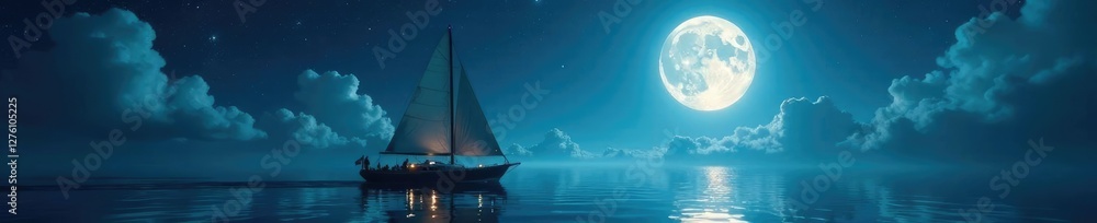 Moonlit sailboat ride through crystal clear space, moonlight, galaxy, greyish blues Moonlit sailboat ride through crystal clear space, moonlight, galaxy, greyish blues