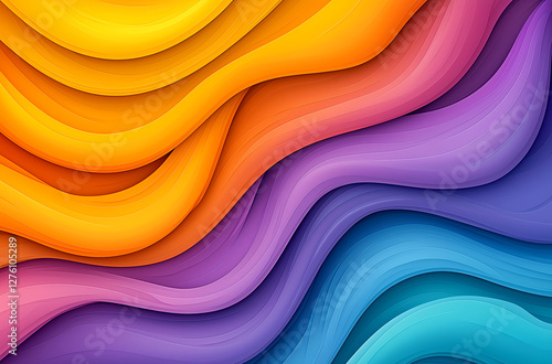 Colorful abstract background with wavy paper-cut shapes in purple, orange, and blue colors.