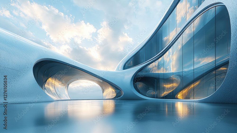 Naklejka premium Modern abstract architectural forms with sleek glass surfaces reflect sky
