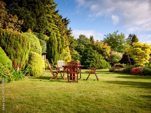 English Garden with wooden funrniture