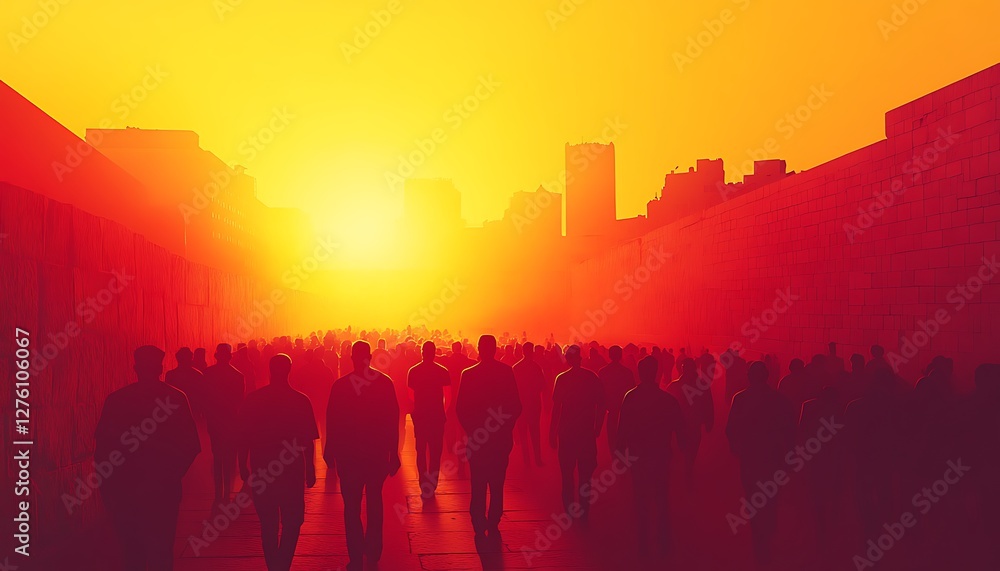 Sunrise city crowd walking, blurred background Sunrise city crowd walking, blurred background