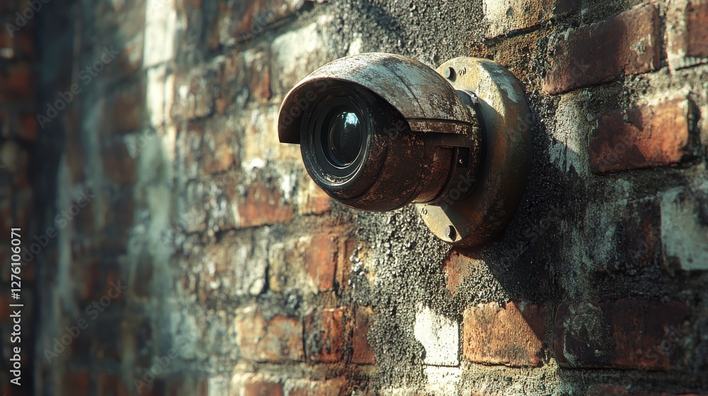 A weathered security camera mounted on a brick wall, showcasing an industrial aesthetic and an emphasis on surveillance technology. A weathered security camera mounted on a brick wall, showcasing an industrial aesthetic and an emphasis on surveillance technology.