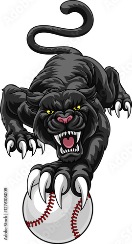 Black panther leopard holding a baseball softball ball with sharp claw sports team mascot design.