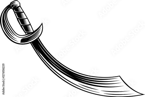 A pirate scimitar cutlass curved saber sword design element in a vintage retro woodcut style