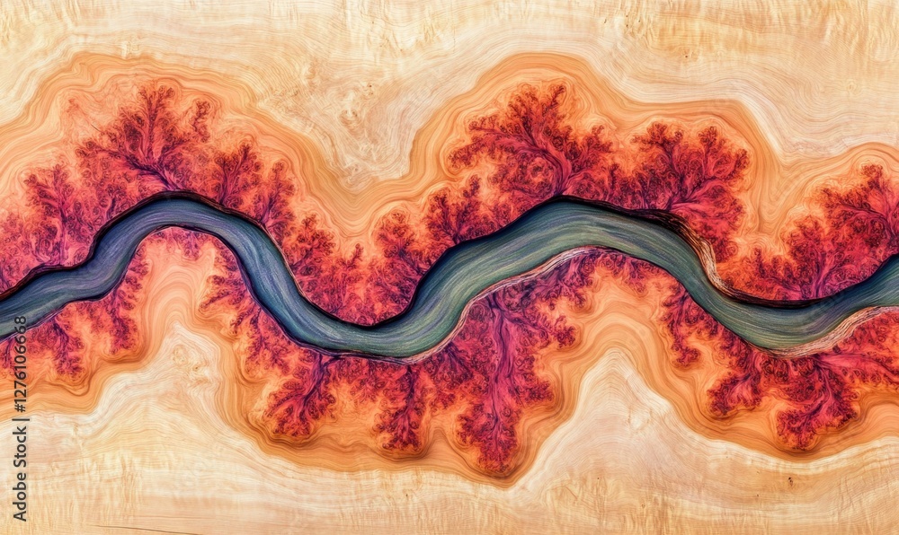 Abstract natural art featuring a vibrant river-like pattern on textured wood background Abstract natural art featuring a vibrant river-like pattern on textured wood background