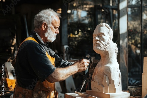 Wallpaper Mural Skilled Craftsman Polishing Wooden Sculpture in Sunlit Workshop Torontodigital.ca