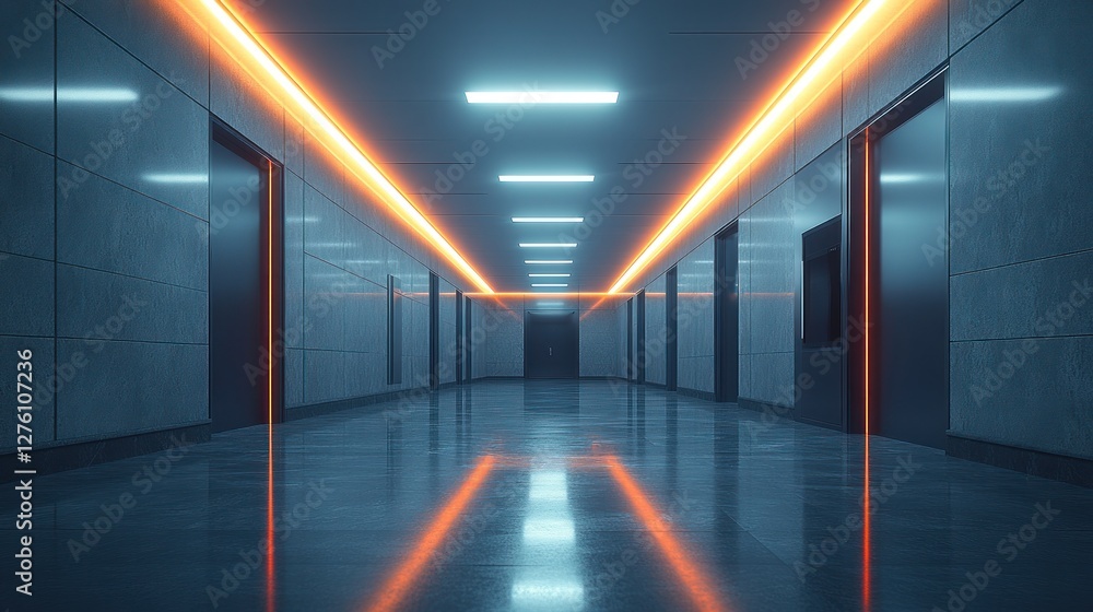 Fototapeta premium Neon-lit corridor, futuristic building, reflective floor, game background