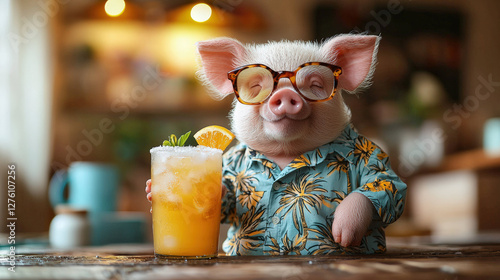 pig wearing Hawaiian shirt and glasses enjoys tropical drink