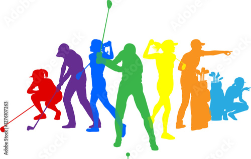 Silhouette golf player set. Active golfers golfing sports people healthy players fitness silhouettes concept.