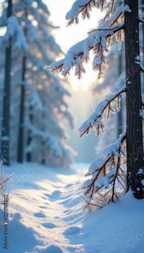 Snow accumulation on tree branches in a cold winter morning, forest, winter, icy photo