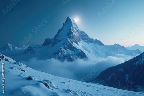 Wallpaper Mural Snow-capped peak shrouded in an ethereal gloom, moonlight, misty, snow Torontodigital.ca