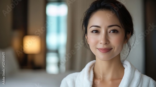 Wallpaper Mural portrait of Asian woman 35 years old in white bathrobe against hotel room, copy space, me time Torontodigital.ca
