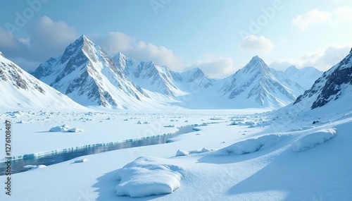 Frozen tundra landscape with snow-capped mountains and glaciers, arctic, vastness, nature