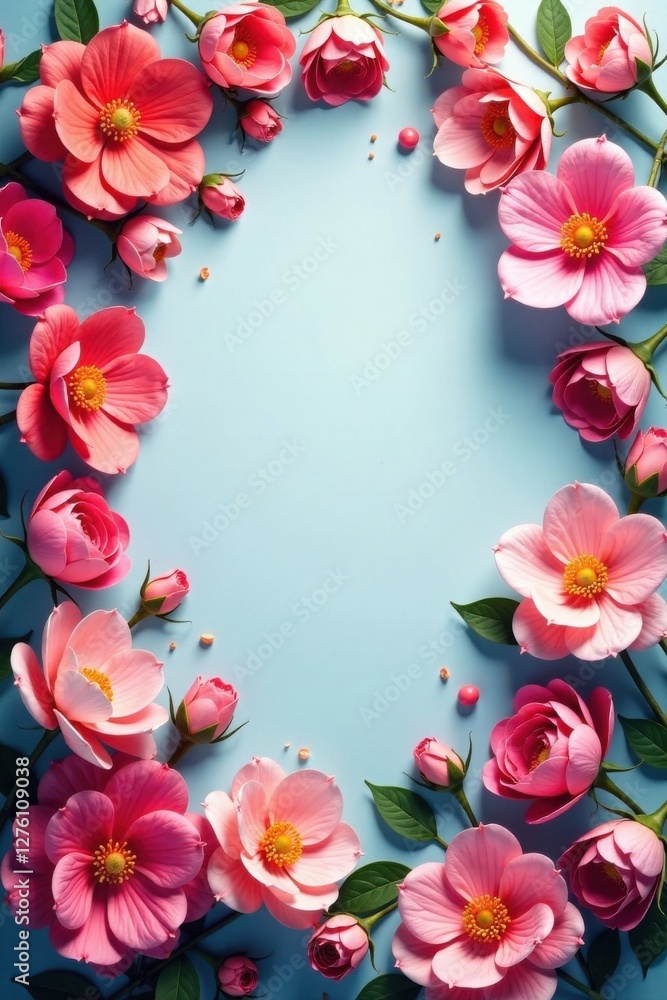 A Delicate Frame of Blooming Pink and Coral Flowers on a Light Blue Background A Delicate Frame of Blooming Pink and Coral Flowers on a Light Blue Background