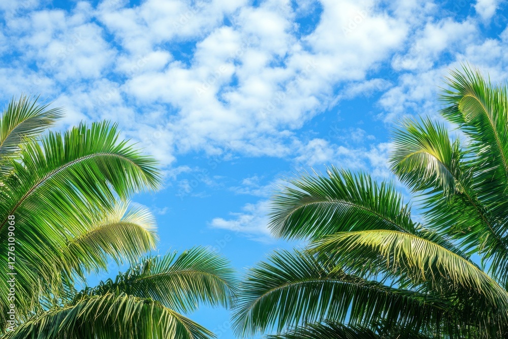 Fototapeta premium Lush Tropical Scene with Palm Trees Under Bright Blue Sky