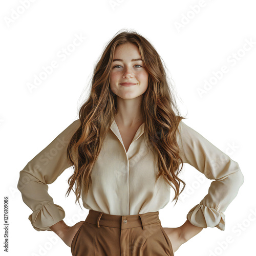 Confident Young Woman with Long Wavy Brown Hair in Stylish Neutral Outfit photo