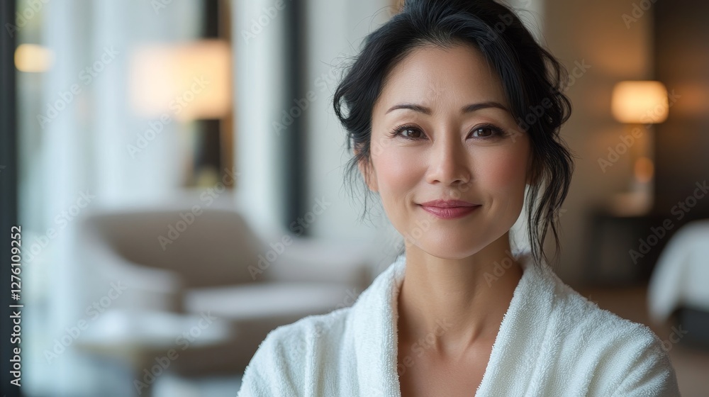 portrait of soft smiling Asian woman 45 years old in white bathrobe against hotel room, copy space, me time concept portrait of soft smiling Asian woman 45 years old in white bathrobe against hotel room, copy space, me time concept