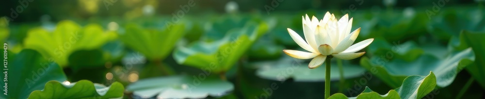 Tall water lily with long stems and white flowers, aquatic plants, garden, nature Tall water lily with long stems and white flowers, aquatic plants, garden, nature
