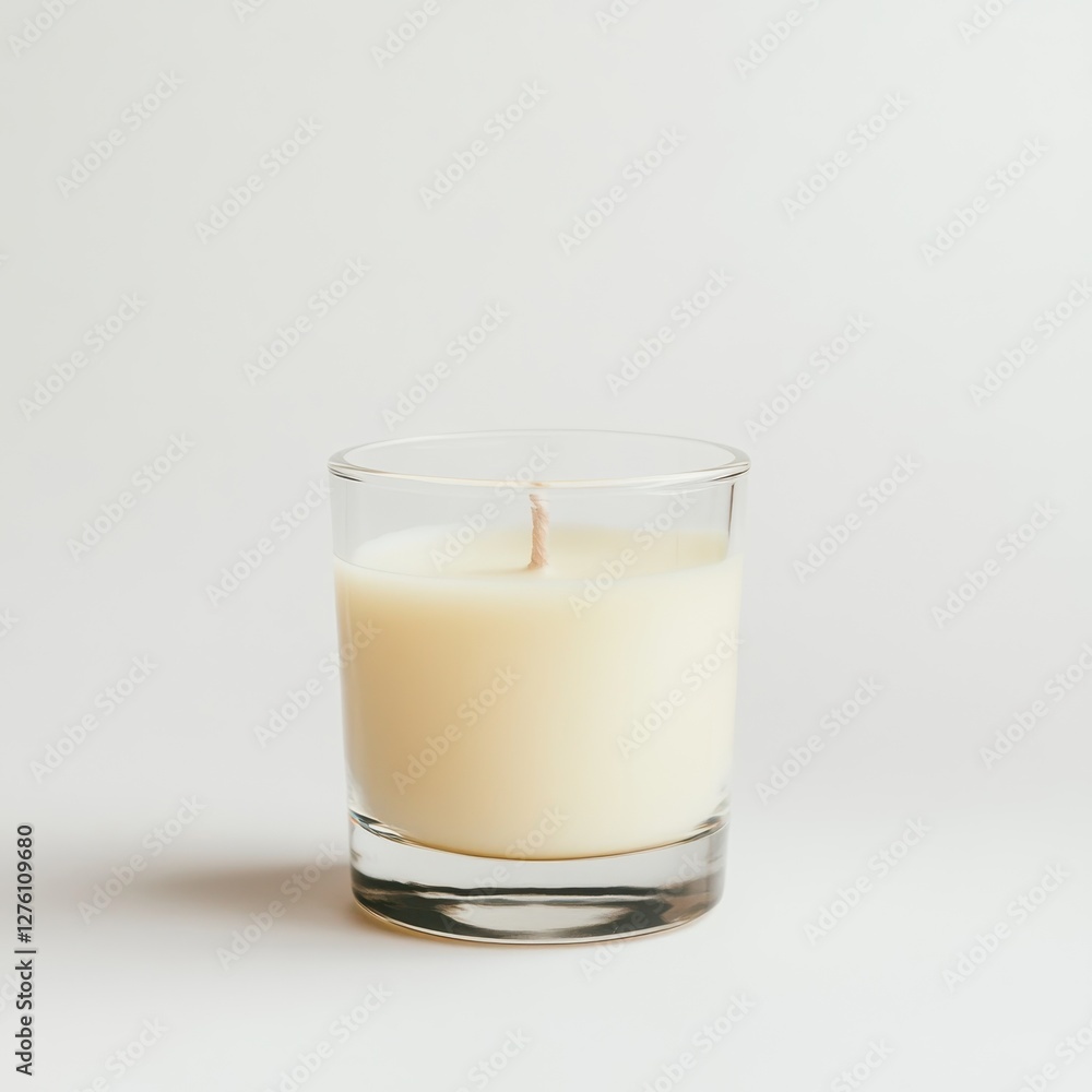 Unlit Cream-Colored Candle in a Clear Glass Holder on White Background. Unlit Cream-Colored Candle in a Clear Glass Holder on White Background.