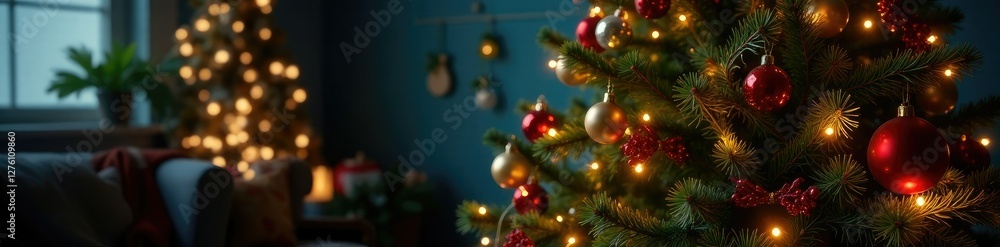 The Christmas tree is lit up with twinkling lights and ornaments, sizes, holiday decor The Christmas tree is lit up with twinkling lights and ornaments, sizes, holiday decor