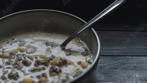 Festliche Hackfleisch-Lauch-Suppe mit Kartoffelstücken für kalte Tage photo