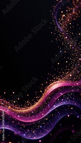 Glittering gold and purple waves on a black background, black canvas, decorations