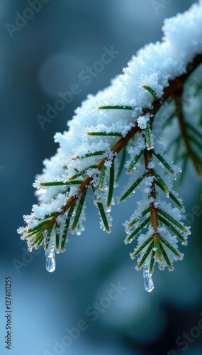 Tiny ice crystals cling to branchlets of a hemlock, clinging, snow photo