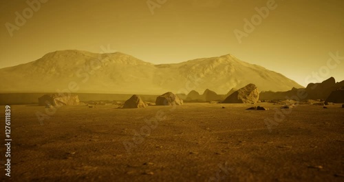 Rugged boulders scatter across a barren landscape, while distant mountains loom under an obscured atmosphere. The desolate setting evokes a sense of exploration and intrigue.
