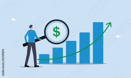 Revenue or salary increase, money or wages growing concept, growth investment profit or earning from stock market, businessman with magnifying glass on dollar money sign with growth graph and chart.