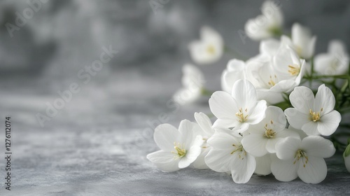 White flowers on a grey background. A grey background with flowers and grief of loss. Generative card of condolences coping with the loss of a loved one. White blossoms against a lifestyle gray.