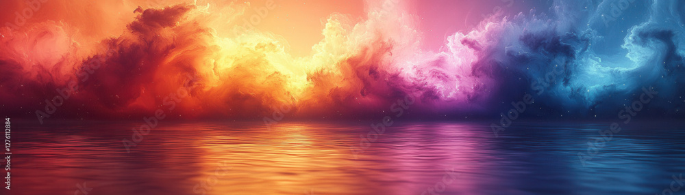 vibrant landscape of colorful clouds reflecting on calm water, creating serene atmosphere vibrant landscape of colorful clouds reflecting on calm water, creating serene atmosphere