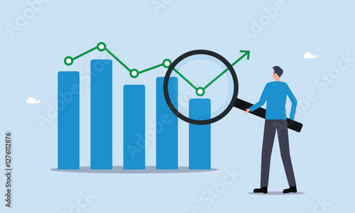 Trend analysis, businessman analyst analyze trend graph and chart with magnifying glass. business forecast report concept, marketing and sales information, analyze or predict trend line or profit.
