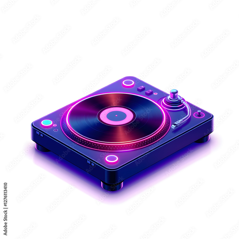 DJ turntable holographic 3D icon. neon symbol vector illustration isolated on white background. Generative AI DJ turntable holographic 3D icon. neon symbol vector illustration isolated on white background. Generative AI