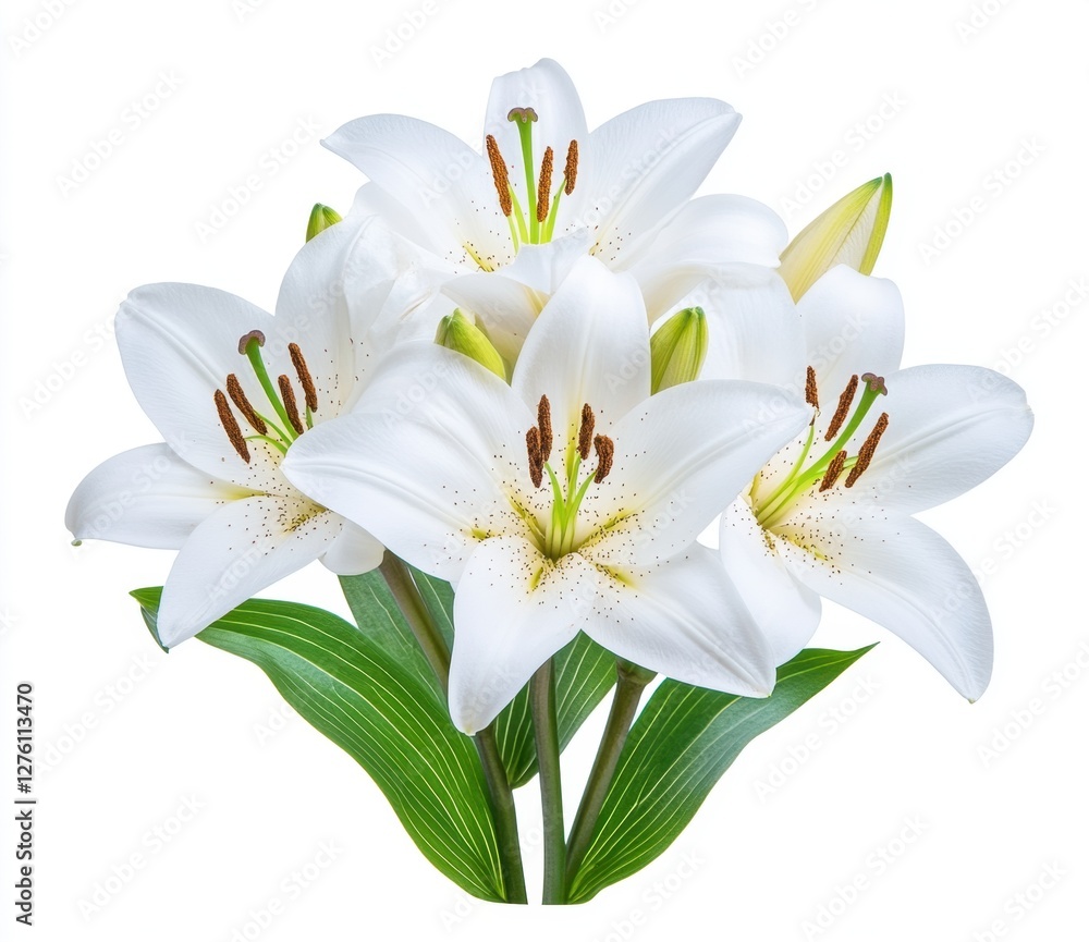 Obraz premium Close up view of a cluster of elegant white flowers with vibrant green leaves, isolated on a pure white background. The image showcases the delicate