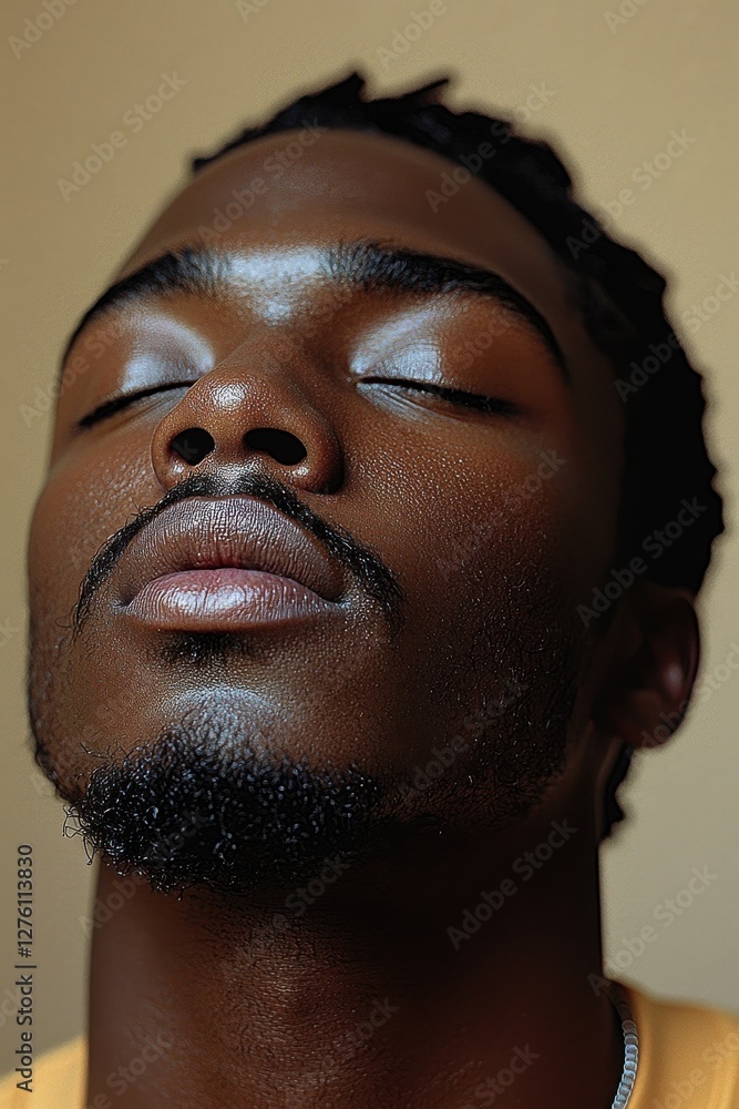 Man with closed eyes enjoys a moment of tranquility and relaxation indoors in soft lighting Man with closed eyes enjoys a moment of tranquility and relaxation indoors in soft lighting