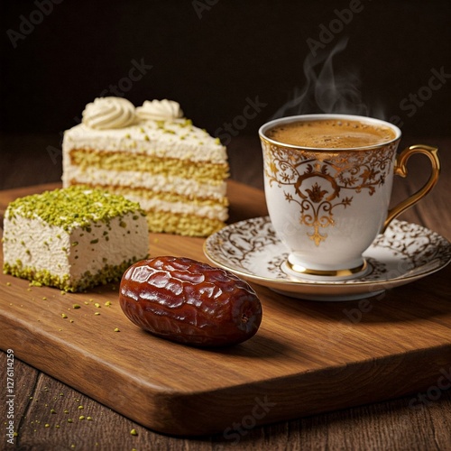 A glossy Ruz date fruit on a wooden board, paired with a steaming cup of coffee and pistachio-covered desserts in elegant presentation.  
 photo