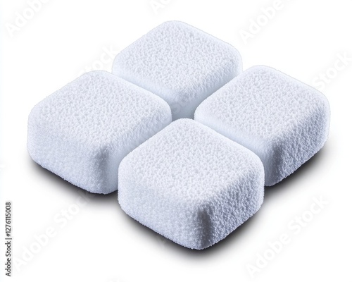 A close up shot displays four white, square detergent tablets clustered on a white surface. Subtle shadows enhance the minimalist composition
